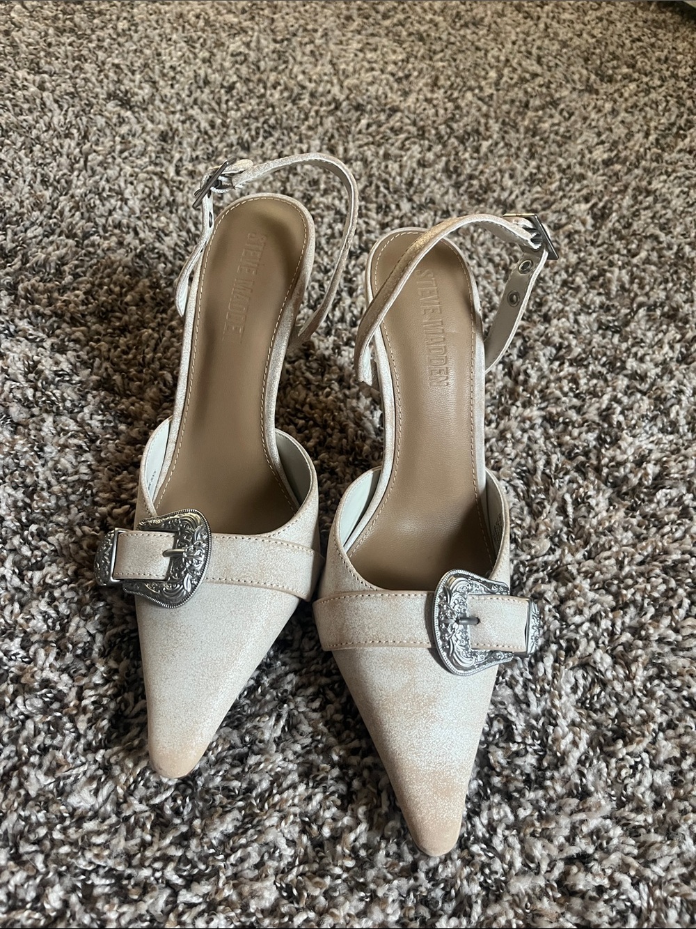 Steve Madden Delilah Cream Pointed Toe Slingback Heels with Silver Buckle